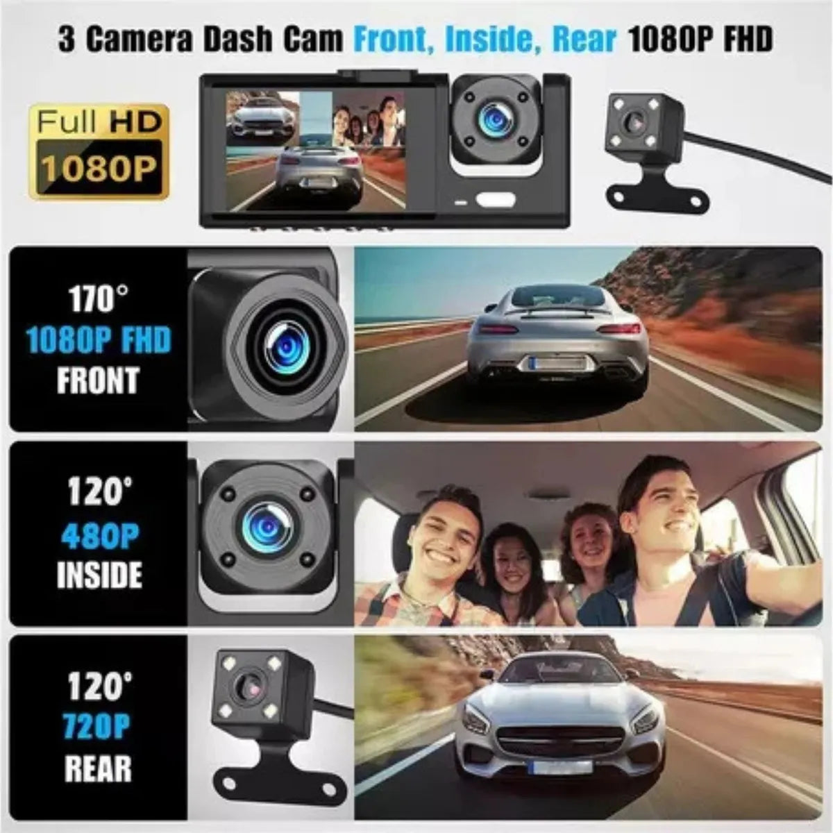 Cámara Para Carro 3 en 1 Black Box profesional ( Frontal, Interior y trasera)