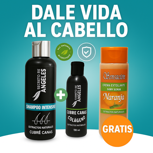 MEGA-COMBO! Shampoo Cubre Canas Secreto de Ángeles + Colágeno y LLEVA EXFOLIANTE GRATIS